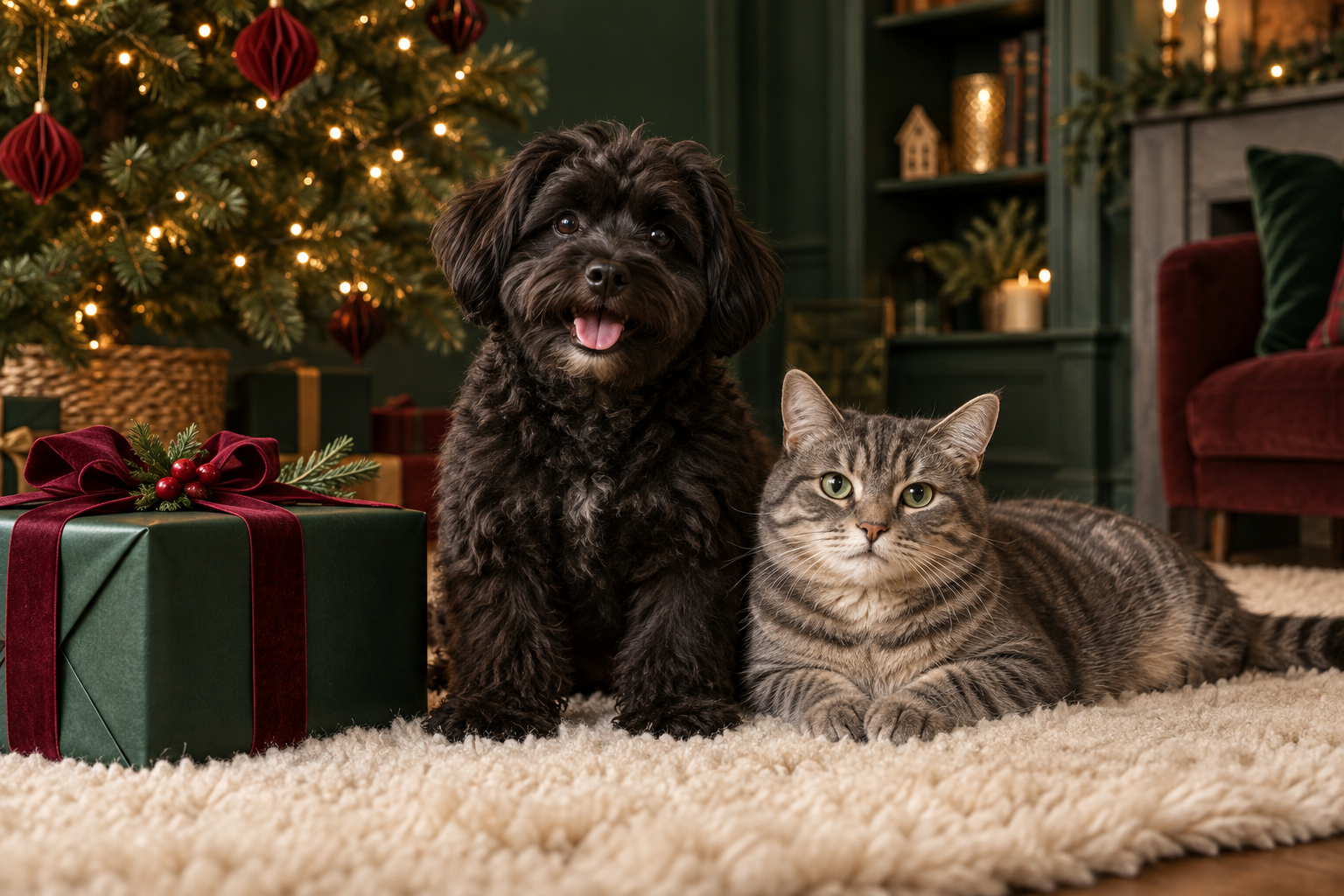 A dog and cat beside the Christmas tree