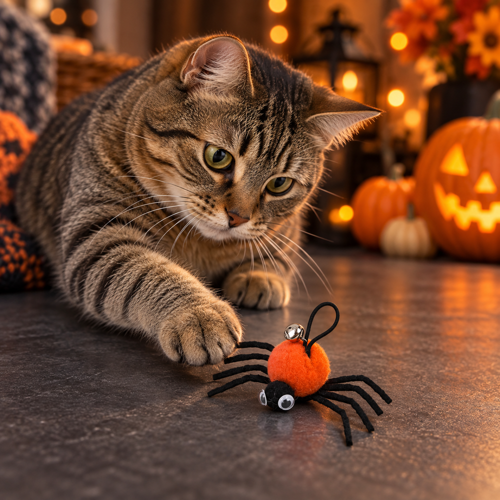 Un chat joue avec une petite araignée orange