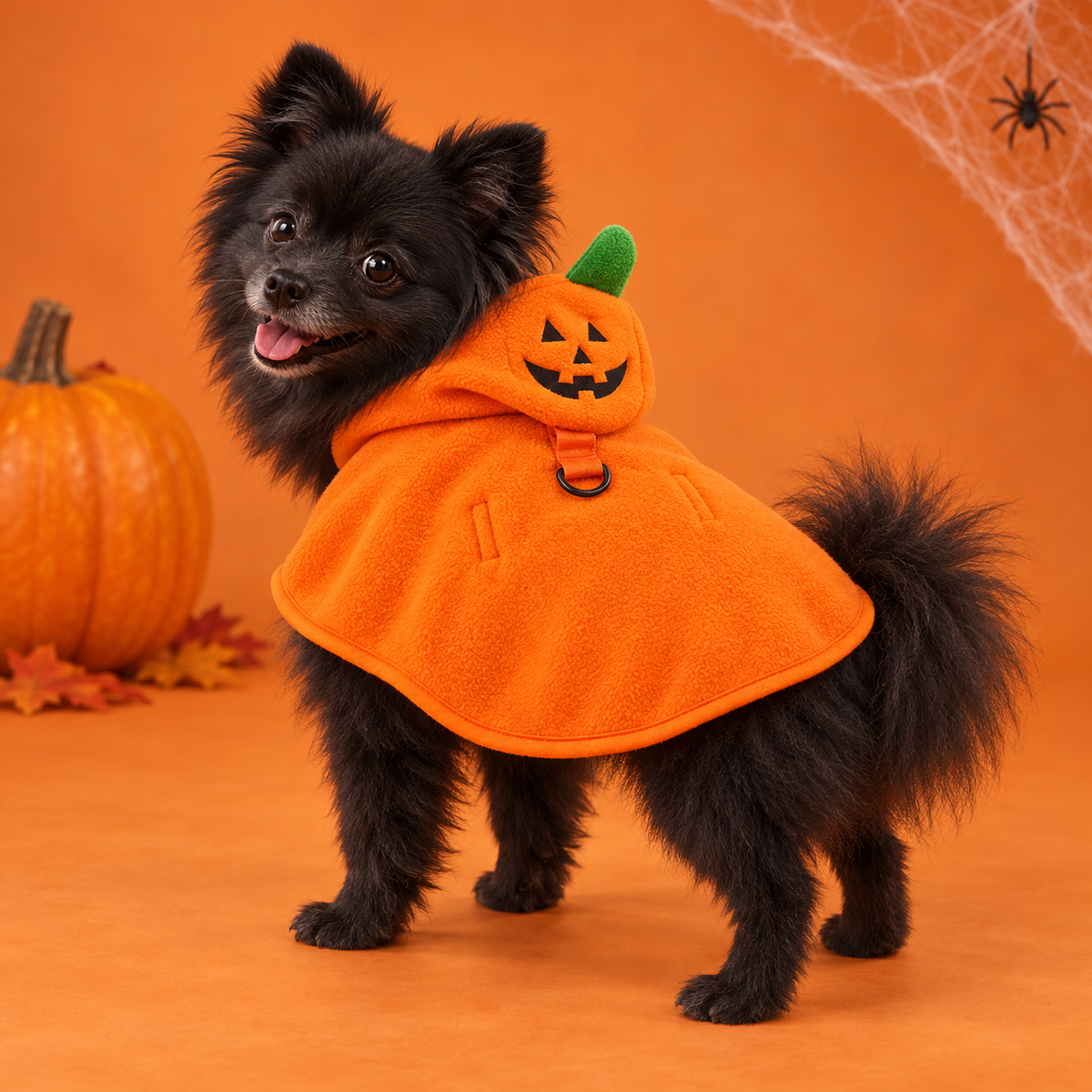 Un petit chien noir porte la cape citrouille orange