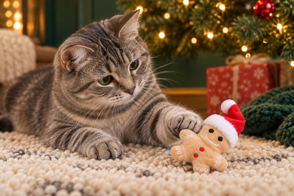 Un chat joue avec la peluche pain d’épices sous le sapin