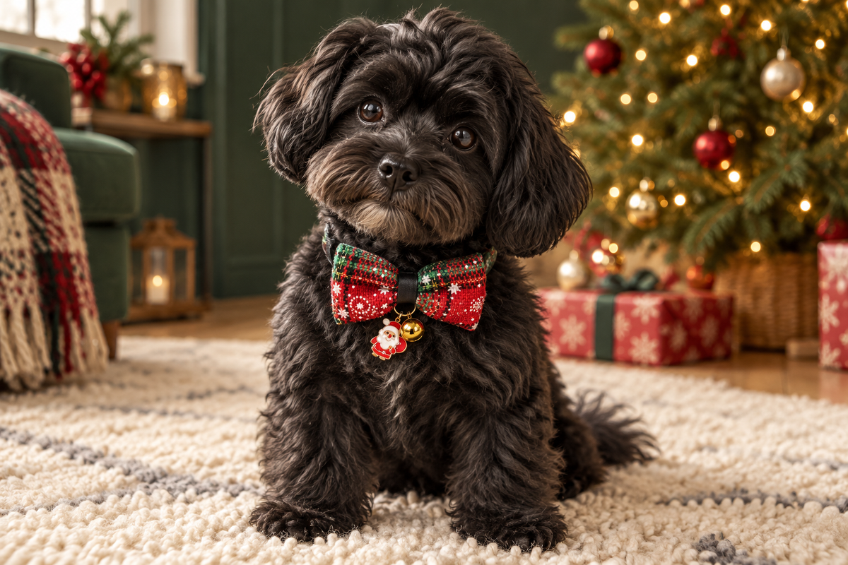 Un chien porte le nœud de Noël rouge et vert