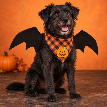 Un chien porte les ailes et le bandana citrouille du duo