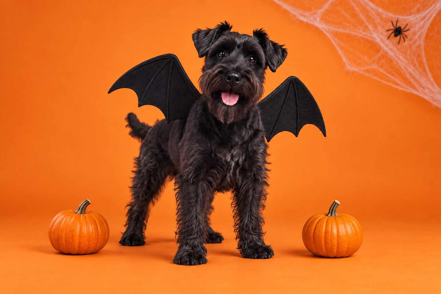 Petit chien noir portant des ailes de chauve-souris en feutre, entouré de citrouilles