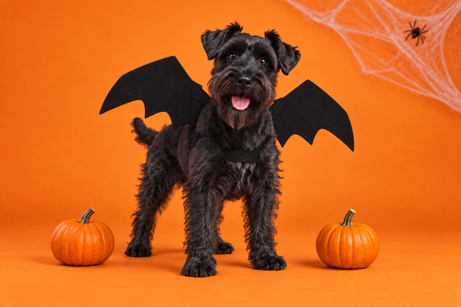 A small black dog wearing felt bat wings surrounded by pumpkins